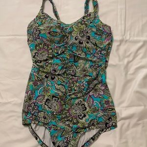Tropical one piece swimsuit, floral print, conservative leg cut